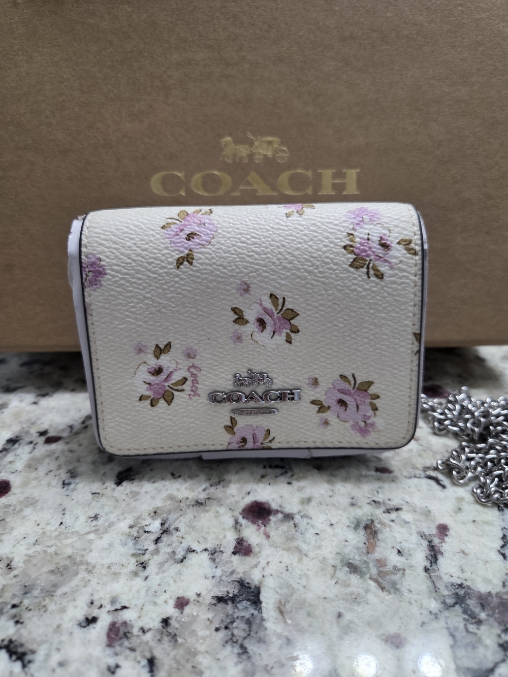 COACH White Floral Leather Chain Wallet with Pink Roses, NEW